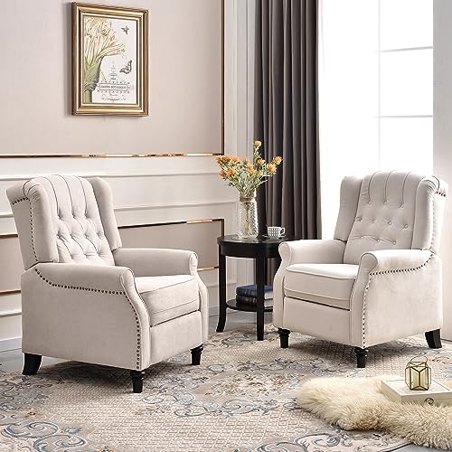 EBELLO pair of beige fabric pushback recliner chairs with rivet trim