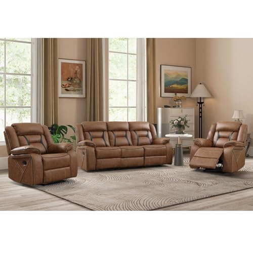 EBELLO brown faux leather recliner sofa set with two chairs and a three-seat sofa